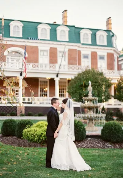 Bride and groom outside of The Martha hotel